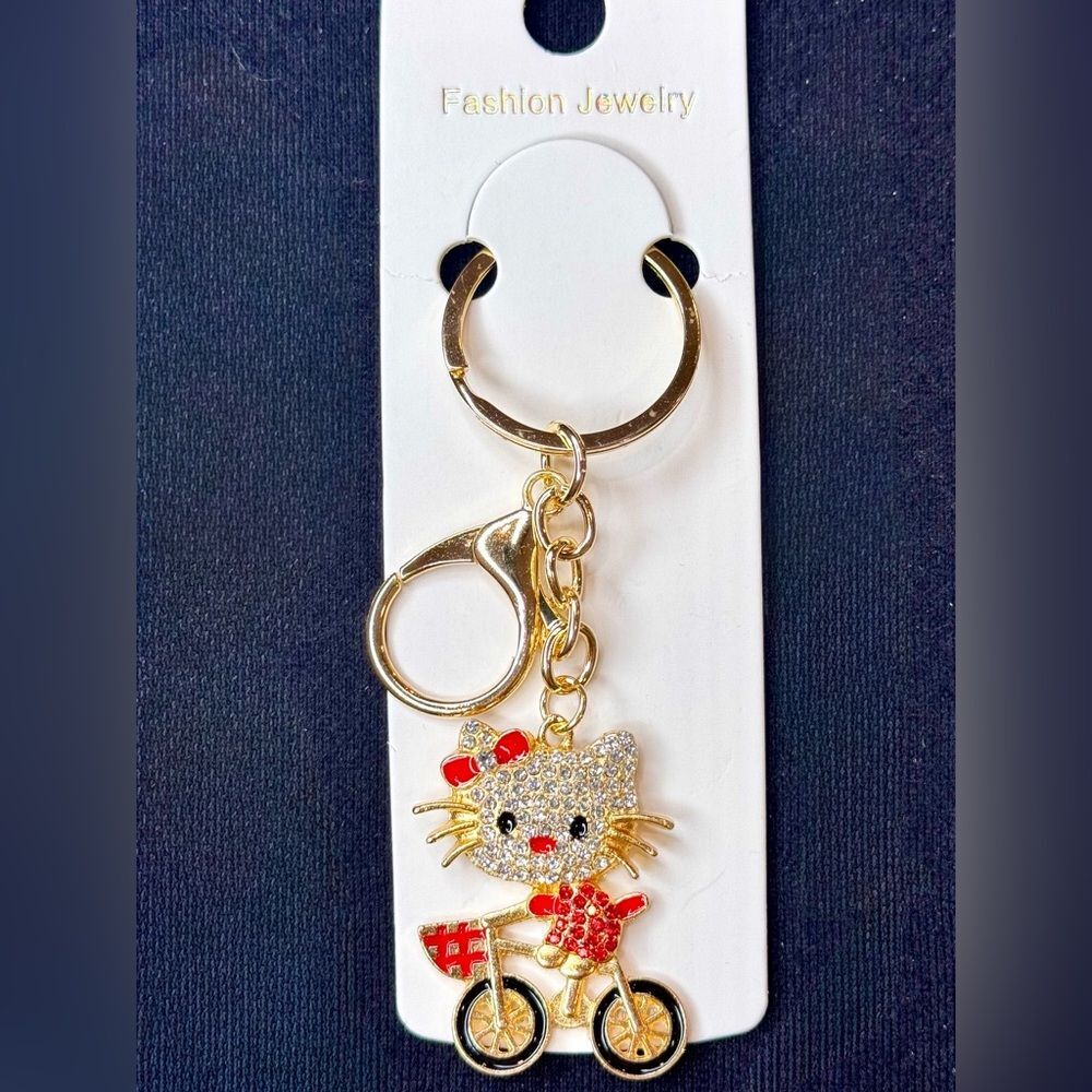 Mint BAG CHARM Sparkly Cat on Bicycle Keychain/Purse Charm Red